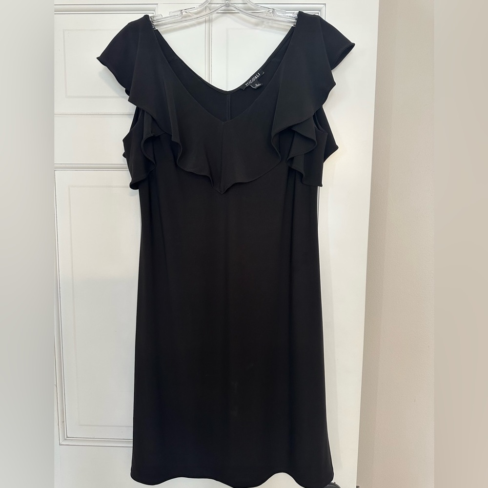 Black Cocktail Dress with Ruffled Neck Detail